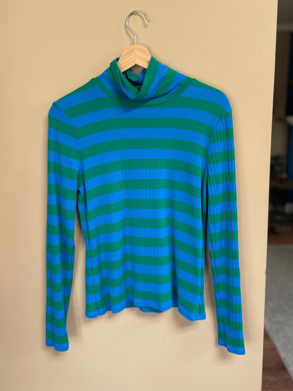 Boden Womens‎ Striped Turtleneck Top Size 12 Stretchy Blue Green Soft Layering